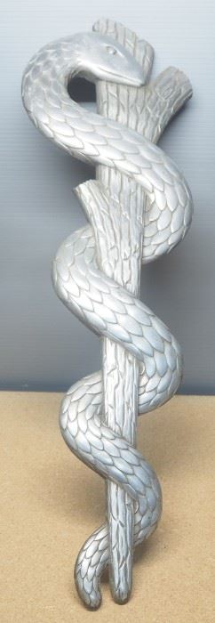 Aluminum Wall Hanging Of The Rod of Asclepius (Snake Wrapped Around A Tree Trunk), 24.25" Long x 7.75" Wide