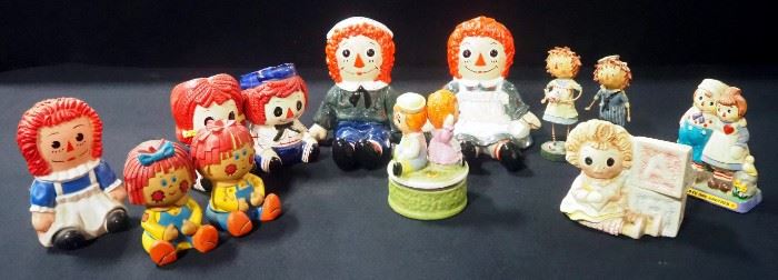 Raggedy Ann And Andy Figurines, Includes Ceramic Sitting Figures, Ceramic Planters, Music Box, Wood Figures And More, Total Qty 12 Pieces