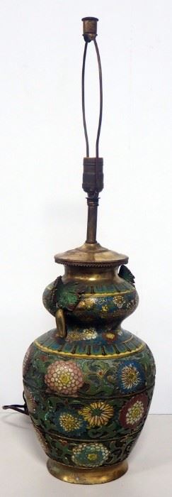 Oriental Style Lamp With Metal Relief Base, 30" High, No Shade And Metal Contemporary Lamp With 2 Bulb Holders, 21" High, Both Power On