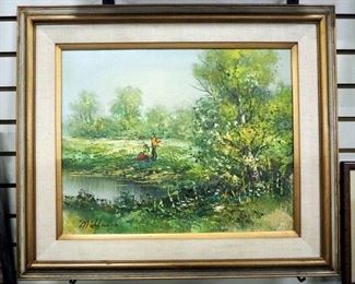 Original Oil Painting Of a Couple By A Pond By Milano, Framed And Matted, 27" Wide x 23" High