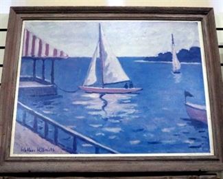 Print On Board Of Sailboats In Harbor By Wallace H. Smith, Framed, 32.5" Wide x 25" High