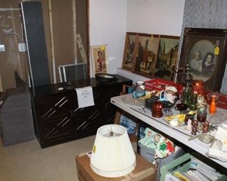 wood credenza, telephone table pictures and various other items