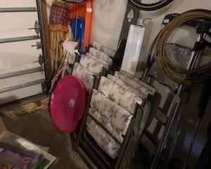 Sleds, ski, lights, lawn chairs