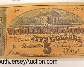  “The Confederate States America” $5 Bill

Auction Estimate $10-$30 – Located Glassware 