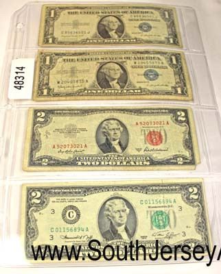  Sheet of (2) U.S. Silver Certificate $1.00 Bills, U.S. $2.00 Bill, and U.S. Red Stamp $2.00 Bill

Auction Estimate $10-$30 – Located Glassware 