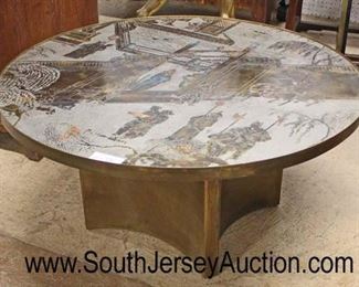 RARE "Philip and Kelvin LaVerne" Mid Century Coffee Table in the patinated poly chrome bronze and pewter.  Highly sought after "Chan Collection" ingeniously design with acid etching, chinoiserie scene depicts Asian figures and horses in very good condition with original label from the Gallery of Works of Art, New York, NY (approximately 36 inches diameter x 17 1/2 inches height)  auction estimate $1,000 to $5,000