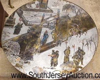 RARE "Philip and Kelvin LaVerne" Mid Century Coffee Table in the patinated poly chrome bronze and pewter.  Highly sought after "Chan Collection" ingeniously design with acid etching, chinoiserie scene depicts Asian figures and horses in very good condition with original label from the Gallery of Works of Art, New York, NY (approximately 36 inches diameter x 17 1/2 inches height)  auction estimate $1,000 to $5,000