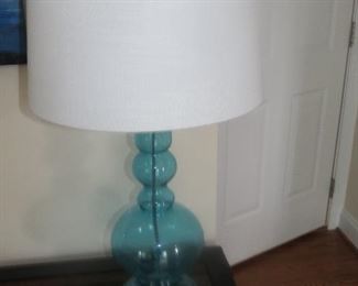 A PAIR STYLISH BLUE-GREEN GLASS LAMPS.