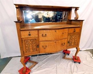 ORNATE OAK SIDE BOARD W/ BEV. MIRROR 
