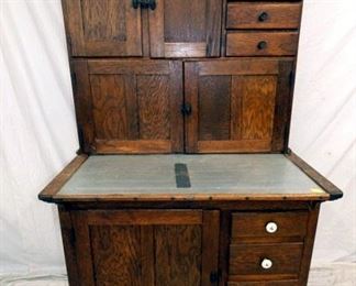 OAK HOOSIER CUPBOARD W/ LEAD TOP 