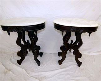 2 MATCHING WALNUT MARBLE TOP TABLES 