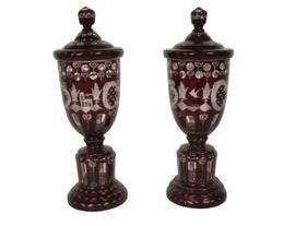 Pair of Bohemian Ruby to Clear Urns