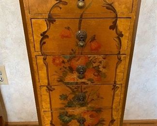French Provincial 6 Drawer Nightstand Hand Painted Floral Designs #1 34x15x11 HxWxD