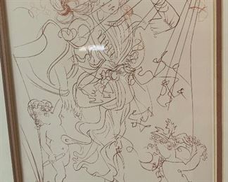 Salvador Dali Surrealist Etching of Woman & Cherubs 30x24in
