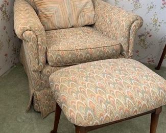 Mid-Century Upholstered Accent Chair with Walnut Footed Ottoman	34x30x27	HxWxD
