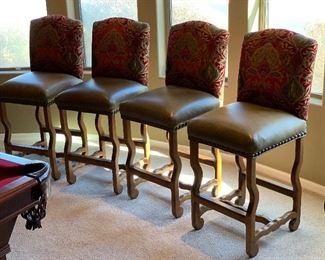 4 Rustic Leather & Fabric Nailhead Bar Stool Counter Height Chairs	46x20x21in.  Seatheight: 29in	HxWxD
