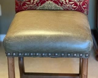 4 Rustic Leather & Fabric Nailhead Bar Stool Counter Height Chairs	46x20x21in.  Seatheight: 29in	HxWxD
