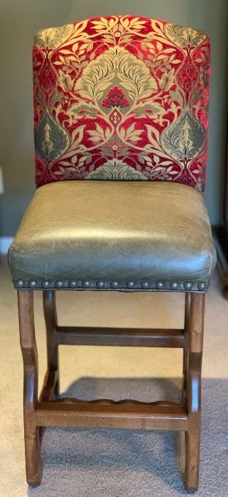 4 Rustic Leather & Fabric Nailhead Bar Stool Counter Height Chairs	46x20x21in.  Seatheight: 29in	HxWxD
