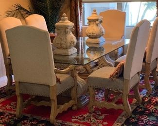 Tuscan glass top Stone Base Dining table w/ 8 chairs	Table: 28.5 x 48 x 84in Chair: 49x24x23 seat 20in	HxWxD

