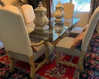 Tuscan glass top Stone Base Dining table w/ 8 chairs	Table: 28.5 x 48 x 84in Chair: 49x24x23 seat 20in	HxWxD
