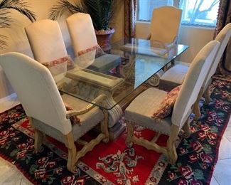 Tuscan glass top Stone Base Dining table w/ 8 chairs	Table: 28.5 x 48 x 84in Chair: 49x24x23 seat 20in	HxWxD
