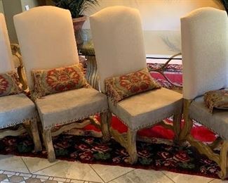 Tuscan glass top Stone Base Dining table w/ 8 chairs Table: 28.5 x 48 x 84in Chair: 49x24x23 seat 20in HxWxD