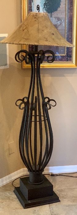 Wrought Iron Scroll Floor lamp w/ Rawhide Shade	64in H	
