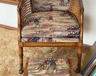 Pair of 1960’s cane and cloth barrel chairs w/castors
