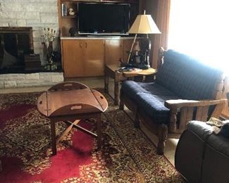 Butler coffee table, great area rug. Retro furniture (several pieces)