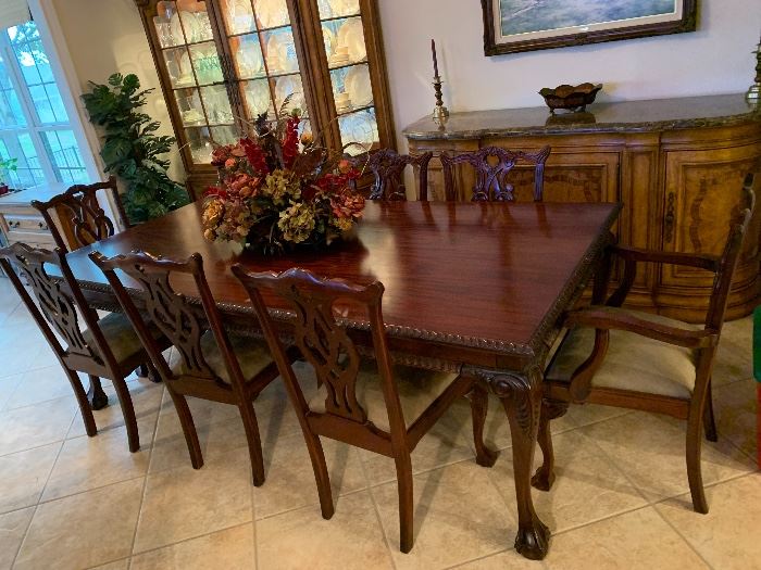$2200AMAZING CARVED SOLID  MAHOGANY  TABLE AND EIGHT CHAIRS 