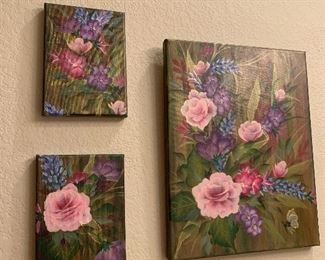 SET OF THREE ORIGINAL OIL ON CANVAS PINK ROSE MOTIF PICTURES ~ $175( $100)