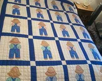 PRECIOUS LITTLE BOY DESIGN QUILT DISPLAYED ON A QUEEN BED . EXCELLENT CONDITION~ $150