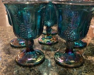 SET OF EIGHT INDIANA GLASS HARVEST GRAPE BLUE CARNIVAL GLASS GOBETS ~ $60