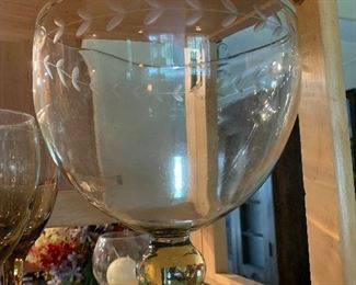 Etched glass bowl on pedestal - $65