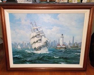 Signed Charles Vickery Lithograph - Ship on Lake Michigan in front of Chicago Skyline and lighthouse