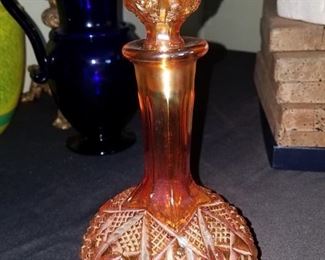 Vintage Marigold carnival glass octagon wine decanter with stopper by Imperial