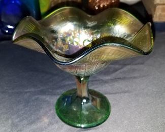 Vintage green carnival glass candy dish
