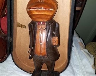 Vintage Folk Art carved wood frog statue in suit