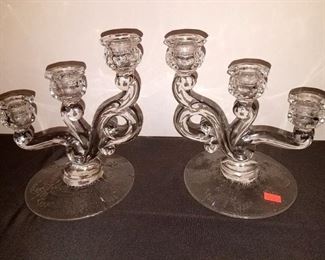 Pair of estched Heisey Orchid triple candlestick holders