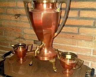 Antique Art Deco Universal copper and brass footed perculator with matching cream and sugar (ca. 1914)