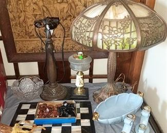 Antique slag glass lamp. Marble chess set. Vintage Thai Dha sword with hand carved teak scabbard