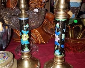 Vintage cloisonne and brass pair of candlestick holders