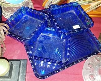 Vintage cobalt blue glass square scalloped plates