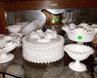 Vintage white milk glass scalloped dishes and footed bowls with clear ruffled edges