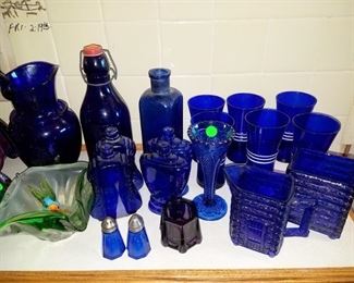 Cobalt blue glass glasses, bottles, etc...