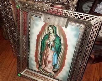 Vintage metallic (lighted) framed Mother Mary and Pope 