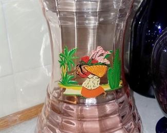 Pink depression glass vase with litho art
