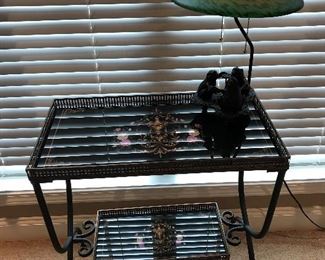 Fancy wrought iron glass top table, three frog wrought iron base lamp 
