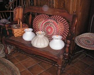 vintage maple bench..vintage lamp shades