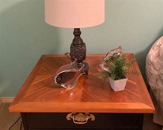 Nightstand, Murano Style Clear Fish, Lamp & Greenery for Decor (NFS)